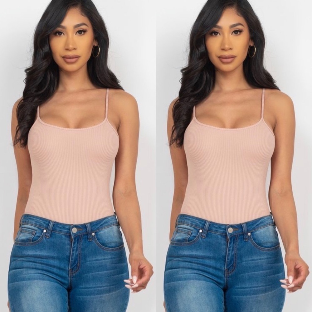 BASIC BLUSH RIBBED KNIT SKINNY STRAP CAMI THONG BODYSUIT